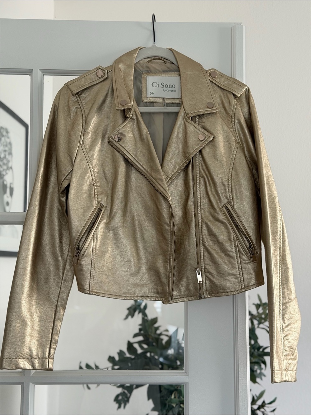 Ci Sono Metallic Gold Leather Moto Jacket